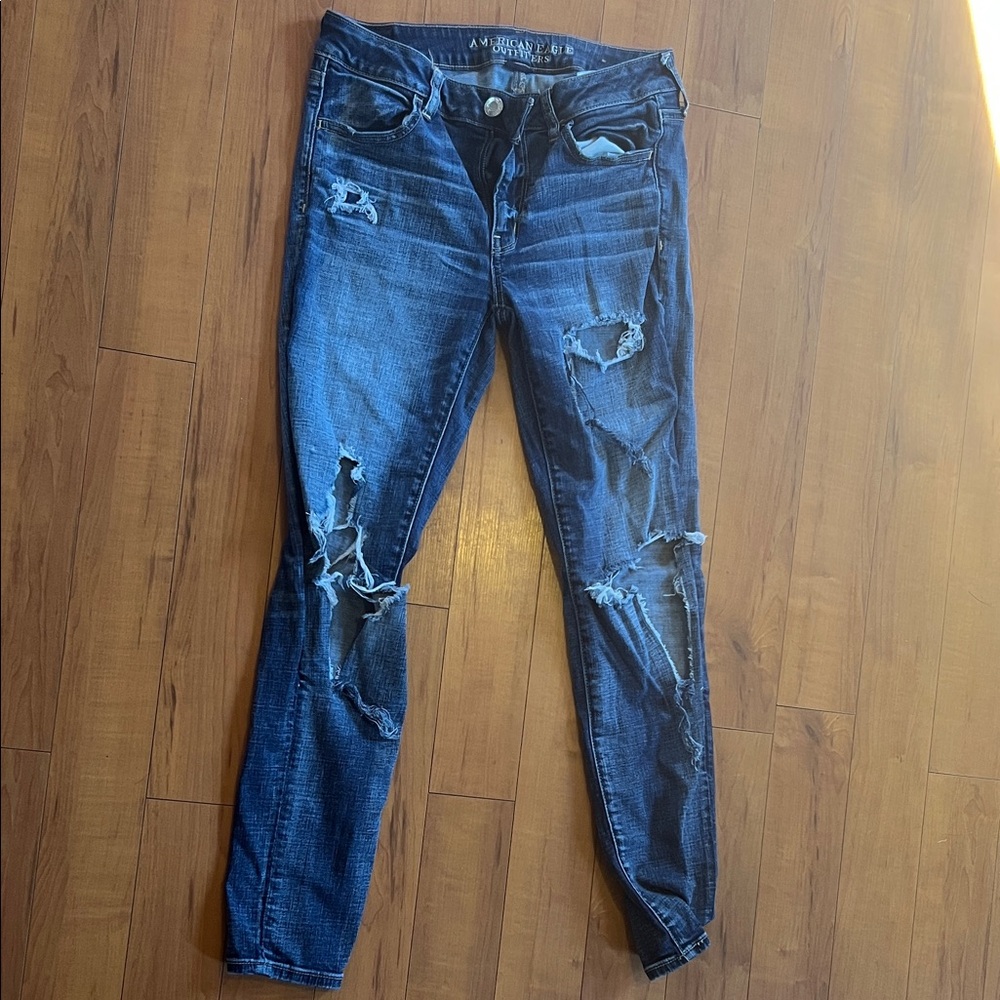 American Eagle Outfitters Dark Blue Distressed Skinny Jeans
